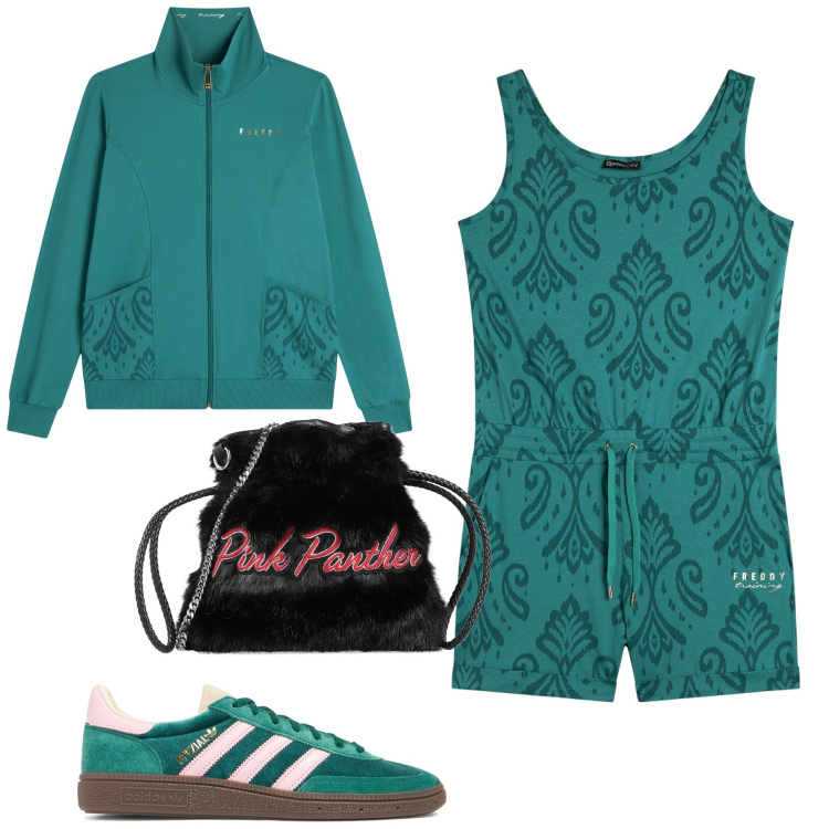 Outfit donna - La tutina freddy. Stile Casual per Tutti i giorni. Abbinamento con borse a mano, tuta corta, felpe, sneakers.