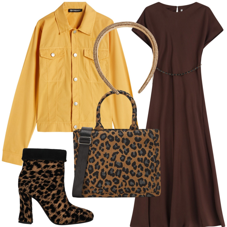 Outfit donna - Animalier primaverile. Stile Urban per Tutti i giorni. Abbinamento con stivaletti, cerchietti, shopping bag, vestiti lunghi, blazer.