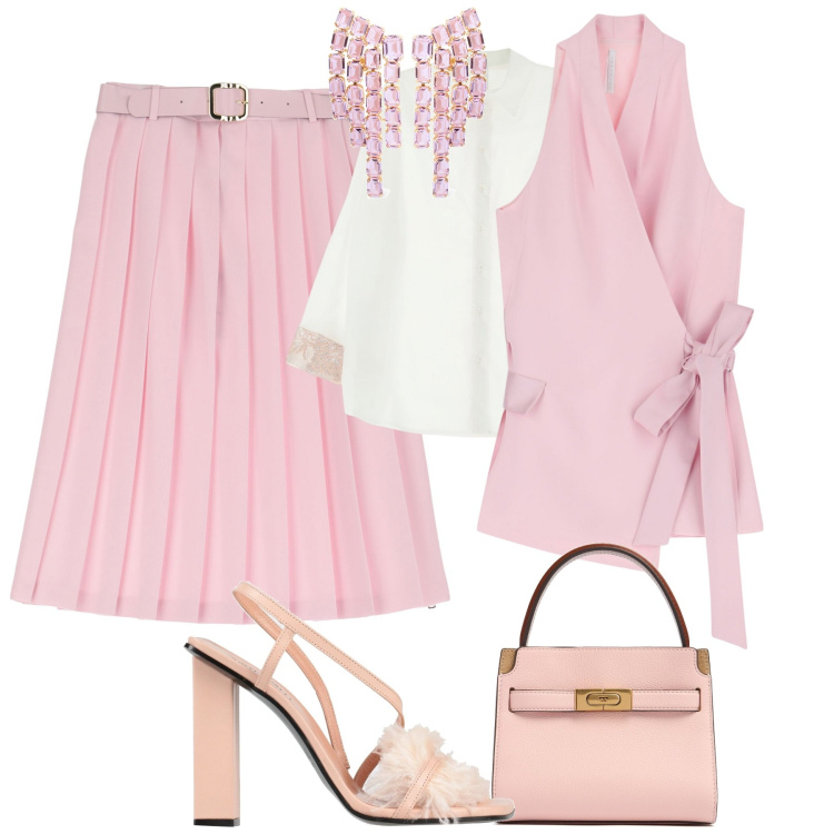 Outfit donna - Cerimonia in rosa. Stile Chic per Cerimonia. Abbinamento con sandali in pelle, camicie, gilet, gonne longuette, borse a mano, orecchini.