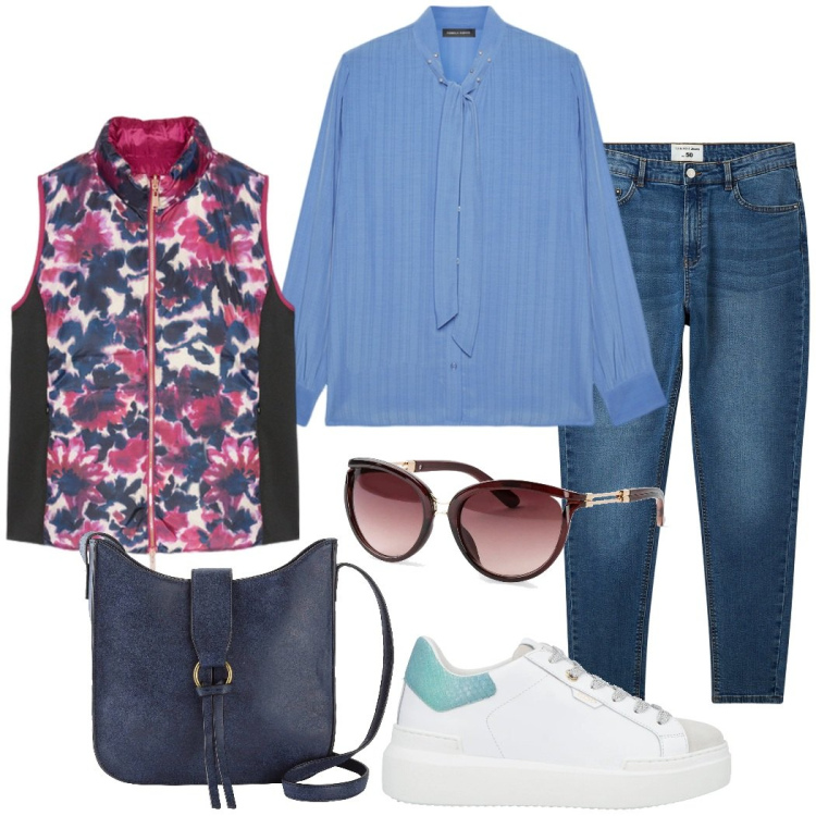 Outfit donna - Passeggiata dopo il lavoro. Stile Casual chic per Tutti i giorni. Abbinamento con occhiali da sole, borse a tracolla, sneakers, jeans skinny, camicie, piumini.
