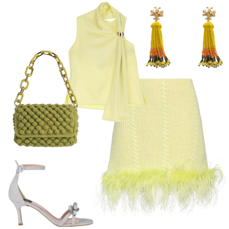 Outfit donna - Glam. Stile Glamour per Serata fuori. Abbinamento con borse a mano, orecchini, minigonne, sandali col tacco, top.