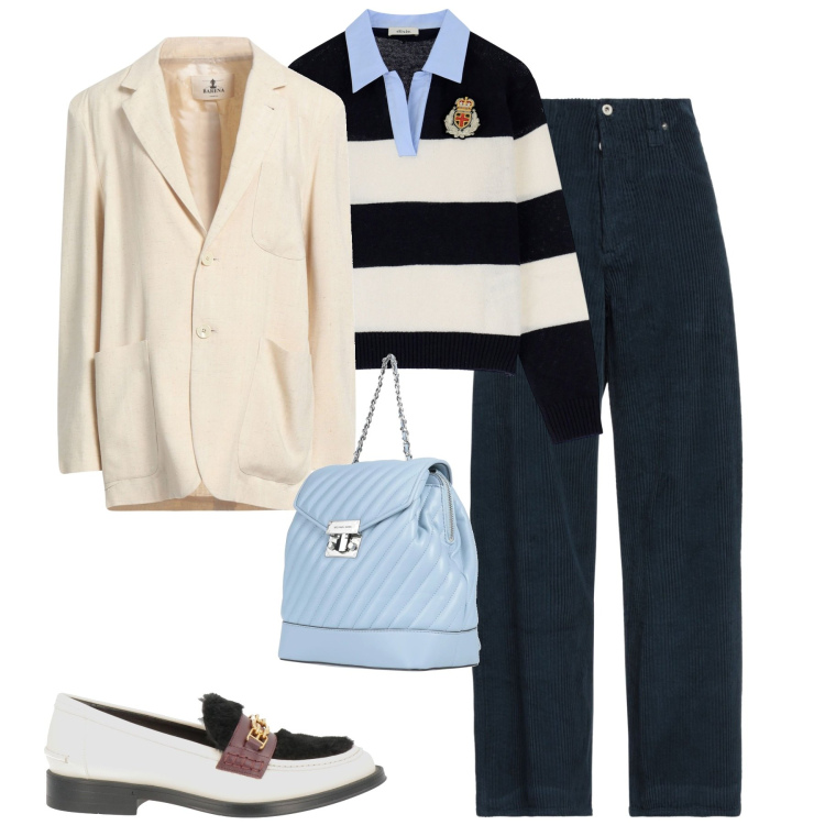 Outfit donna - City. Stile Urban per Tutti i giorni. Abbinamento con pantaloni, mocassini, zaini, blazer, maglieria.