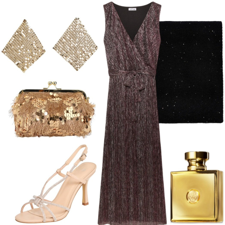 Outfit donna - Serata scintillante. Stile Glamour per Serata fuori. Abbinamento con profumi, sandali col tacco, orecchini, borse a spalla, vestiti lunghi, sciarpe.
