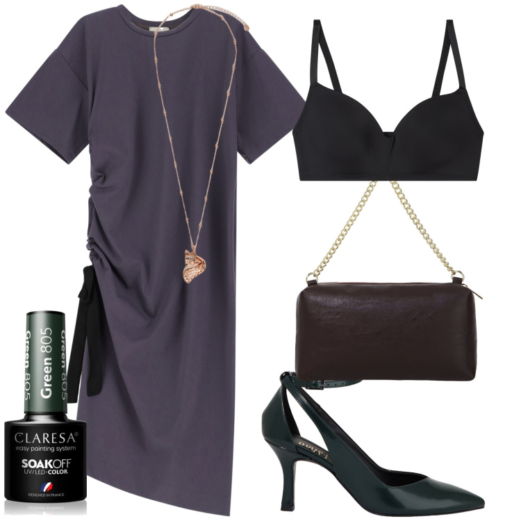 Outfit donna - Carina e con saldi. Stile Chic per Serata fuori. Abbinamento con smalti, reggiseni, décolleté, borse a tracolla, vestiti asimmetrici, ciondoli.