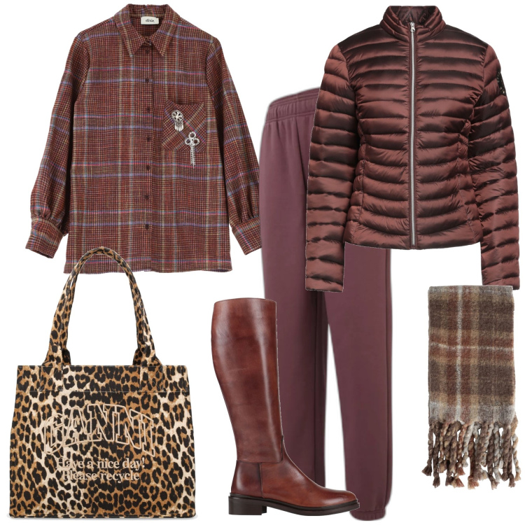 Outfit donna - Brown total look. Stile Urban per Tutti i giorni. Abbinamento con stivali, sciarpe, piumini, pantaloni, camicie, shopping bag.