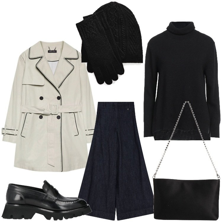 Outfit donna - Fa ancora freddo. Stile Casual chic per Serata fuori. Abbinamento con borse a mano, cappelli, maglieria, mocassini, jeans, trench.