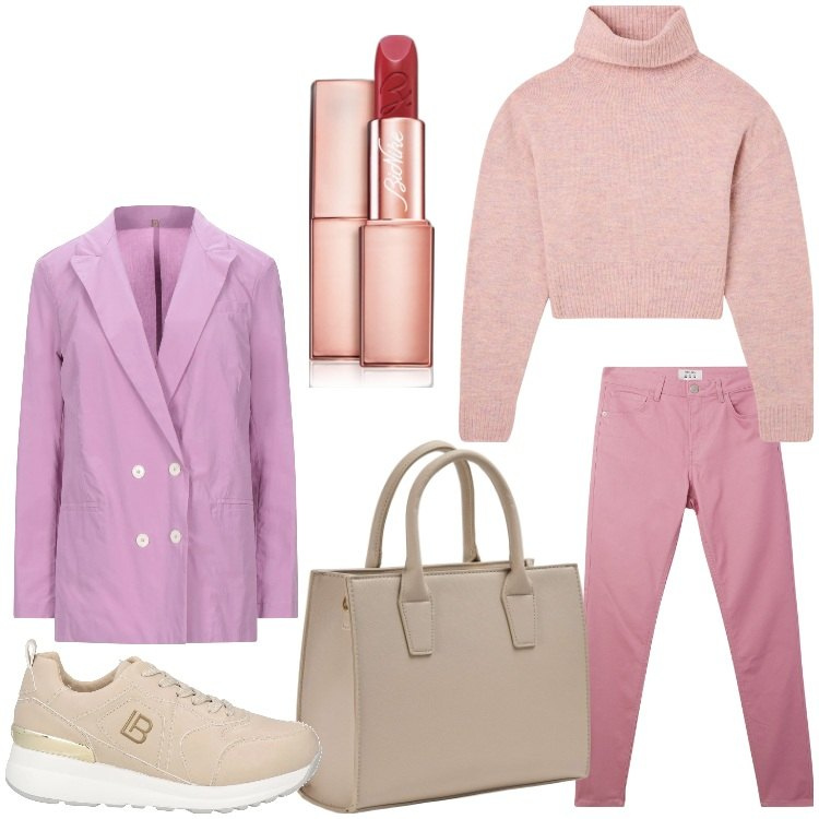 Outfit donna - Rosa rosae. per Tutti i giorni. Abbinamento con blazer, sneakers, rossetti, pantaloni, shopping bag, maglieria.