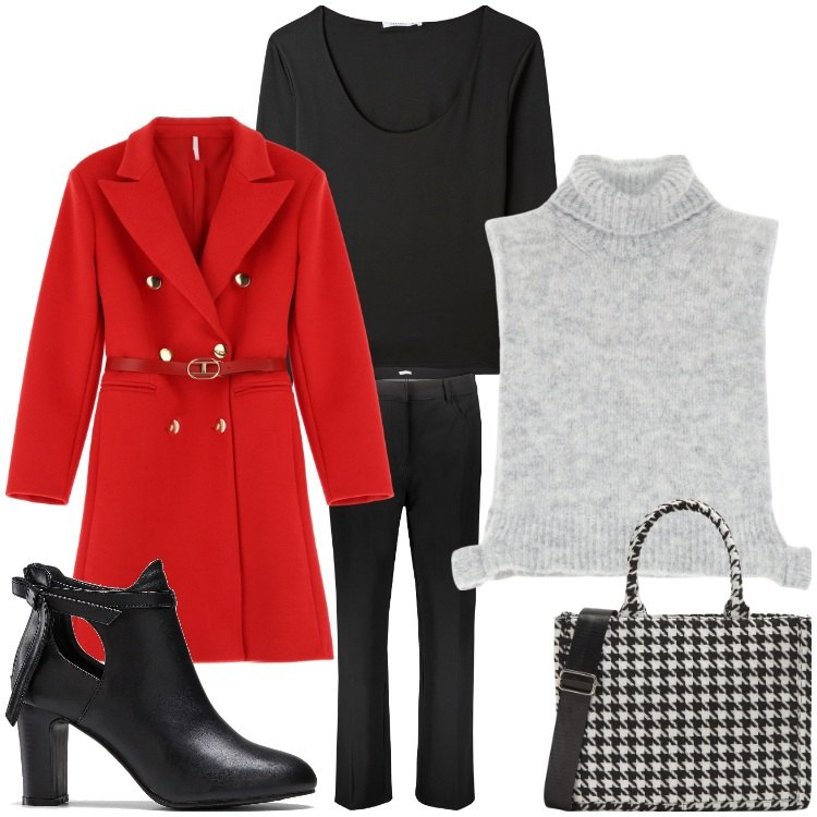 Outfit donna - Pronta per l´ufficio. Stile Casual chic per Ufficio. Abbinamento con stivaletti, shopping bag, t-shirt, cappotti, gilet, pantaloni.