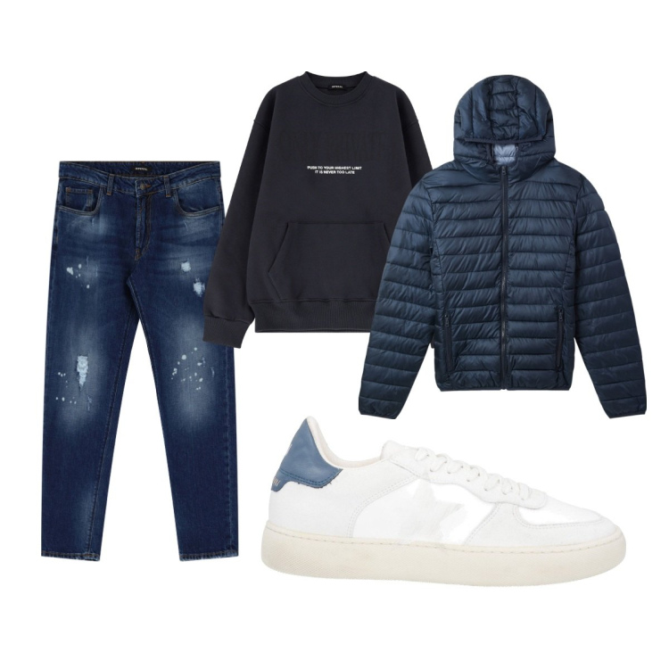 Outfit uomo - Total look #2070777. Stile Casual per Tutti i giorni. Abbinamento con sneakers, piumini, jeans, felpe.
