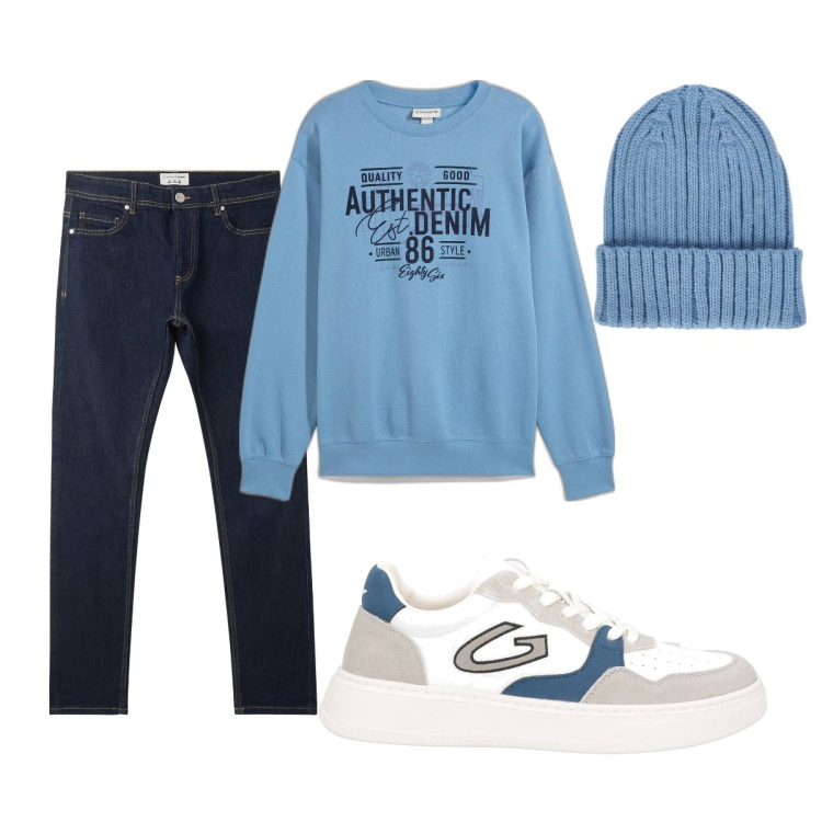 Outfit uomo - Total look #2070784. Stile Casual per Tutti i giorni. Abbinamento con felpe, sneakers, jeans skinny, berretti.