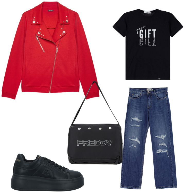 Outfit donna - Tempo libero. Stile Casual per Tutti i giorni. Abbinamento con sneakers, t-shirt, jeans strappati, borse messenger, giacche.