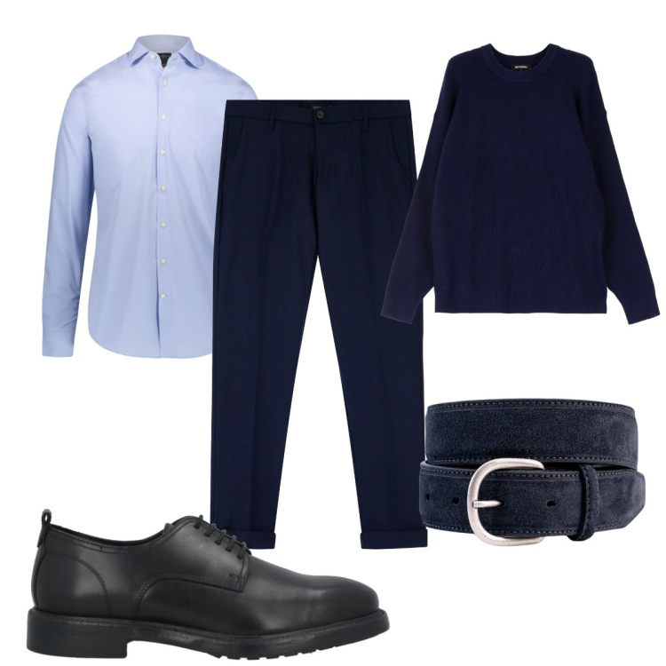 Outfit uomo - Total look #2070801. Stile Business/Elegante per Ufficio. Abbinamento con scarpe stringate, pantaloni chino, pullovers, camicie, cinture.