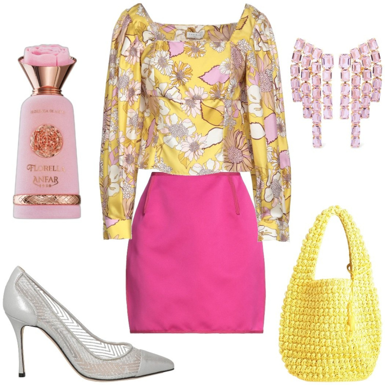 Outfit donna - Primavera in arrivo. Stile Glamour per Cerimonia. Abbinamento con top, décolleté, borse a mano, minigonne, profumi, orecchini.