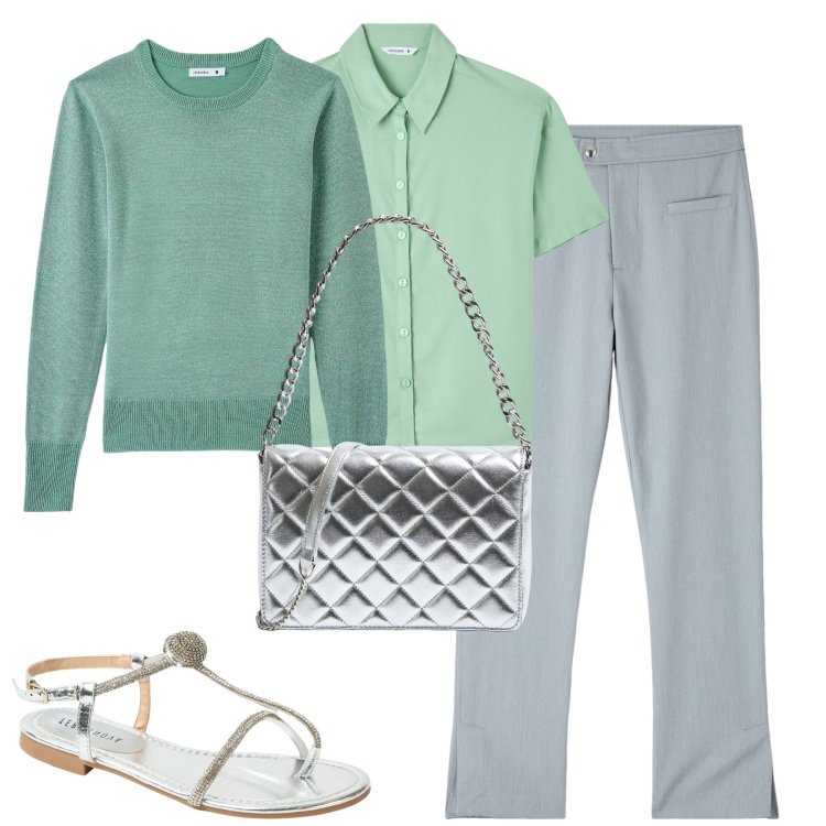 Outfit donna - Total look #2070809. Stile Urban per Tutti i giorni. Abbinamento con camicie a manica corta, borse a tracolla, maglieria, ciabatte, pantaloni.
