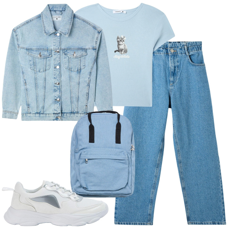 Outfit donna - Con le amiche. Stile Casual per Tutti i giorni. Abbinamento con t-shirt, jeans, sneakers, zaini, cappotti.