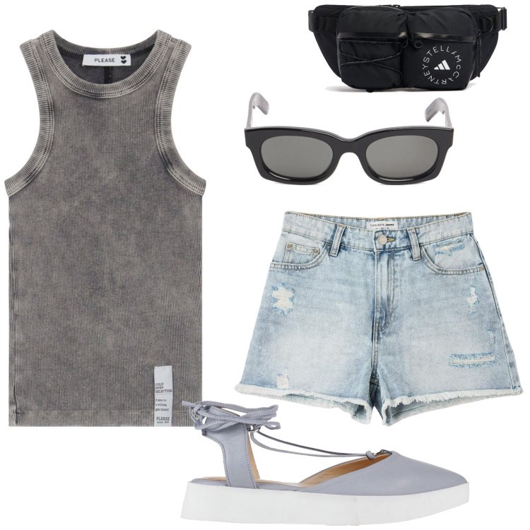 Outfit donna - Sognare il caldo. Stile Minimal per Tutti i giorni. Abbinamento con ballerine, shorts, canottiere, occhiali da sole, marsupi.