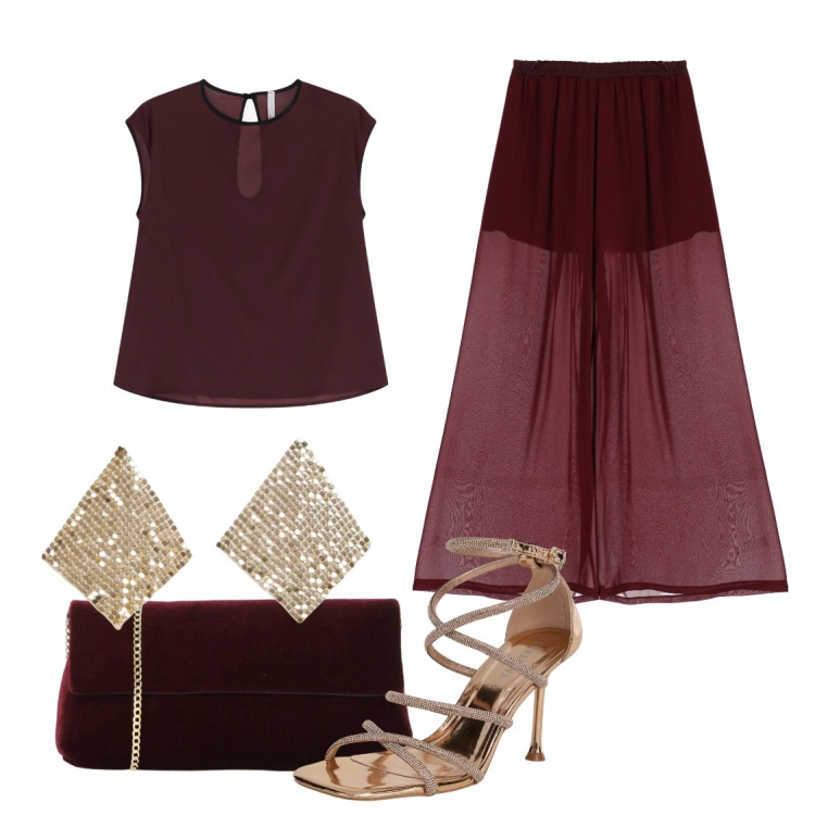 Outfit donna - Pendenti brillanti. Stile Chic per Serata fuori. Abbinamento con orecchini, sandali col tacco, top, pantaloni a palazzo, pochette.