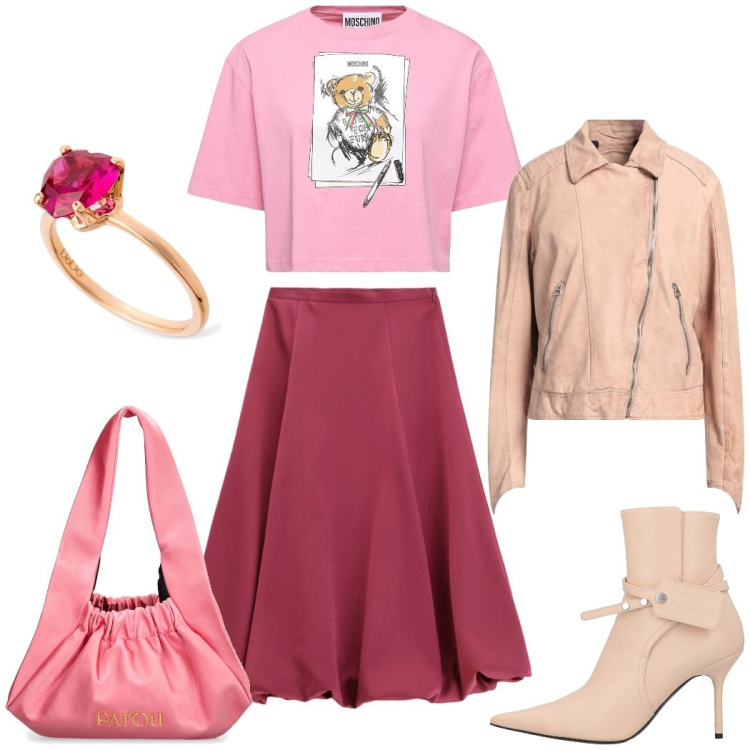 Outfit donna - Tutto rosa. Stile Romantica per Serata fuori. Abbinamento con stivaletti, blazer, gonne longuette, anelli, borse a spalla, t-shirt.