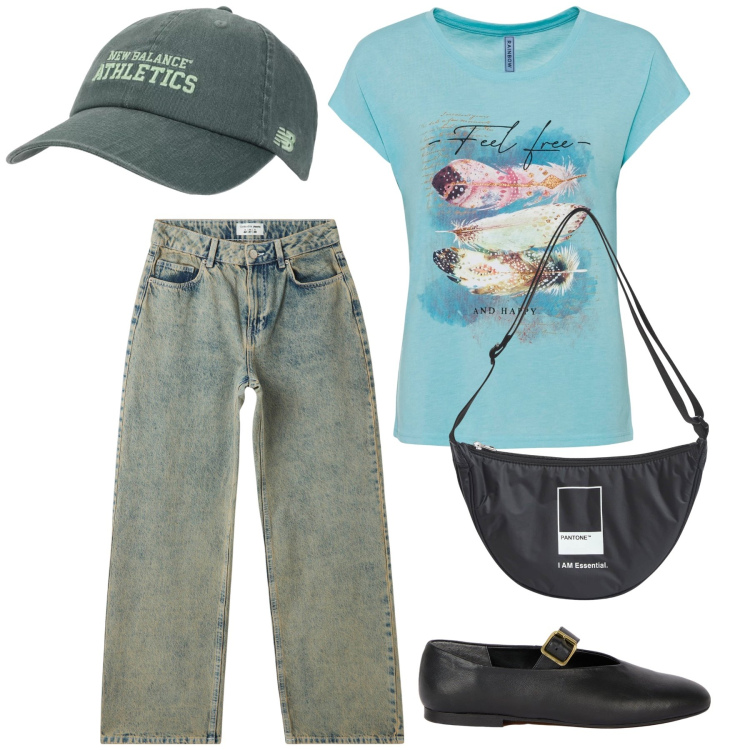Outfit donna - Tempo libero. Stile Casual per Tutti i giorni. Abbinamento con t-shirt, marsupi, jeans, cappelli, ballerine.