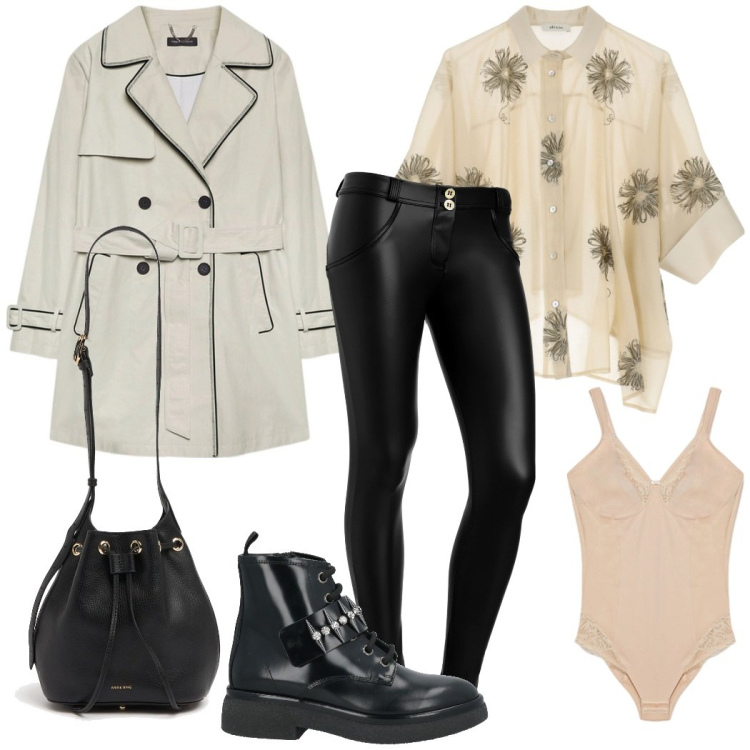 Outfit donna - Chic in trench. Stile Chic per Serata fuori. Abbinamento con anfibi, pantaloni skinny, camicie, trench, body, borse a mano.
