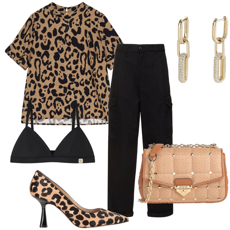 Outfit donna - Ruggente in ufficio. Stile Glamour per Ufficio. Abbinamento con borse a tracolla, décolleté, orecchini, t-shirt, reggiseni, pantaloni.