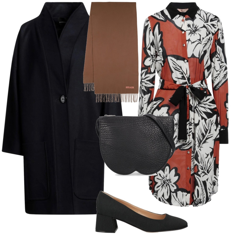 Outfit donna - Un invito al ristorante. Stile Urban per Tutti i giorni. Abbinamento con cappotti, vestiti midi/longuette, décolleté, borse a spalla, sciarpe.