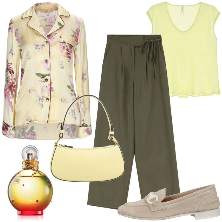 Outfit donna - La giacca fiorita. Stile Glamour per Tutti i giorni. Abbinamento con blazer, mocassini, borse a mano, profumi, top, pantaloni.
