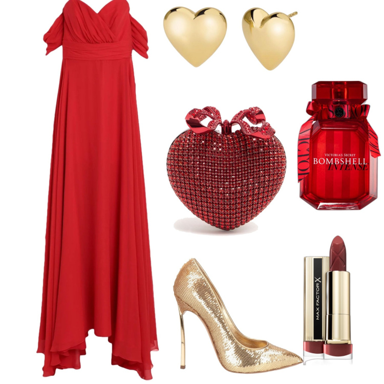 Outfit donna - Red passion. Stile Glamour per Serata fuori. Abbinamento con décolleté, vestiti lunghi, rossetti, profumi, orecchini, pochette.