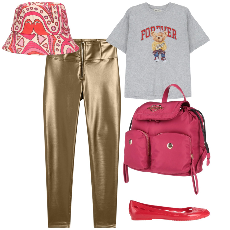 Outfit donna - Gold leggings forever. Stile Trendy per Tutti i giorni. Abbinamento con zaini, ballerine, pantaloni skinny, t-shirt, cappelli.
