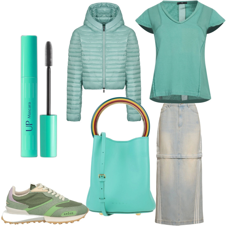 Outfit donna - Dolce stil verde. Stile Sporty chic per Tutti i giorni. Abbinamento con borse a mano, t-shirt, sneakers, mascara, piumini, gonne.