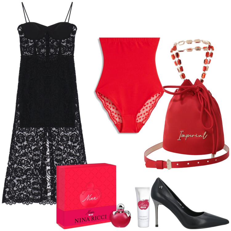 Outfit donna - Tuta da sera. Stile Sexy per Serata fuori. Abbinamento con culotte, décolleté, profumi, vestiti midi/longuette, borse a secchiello.