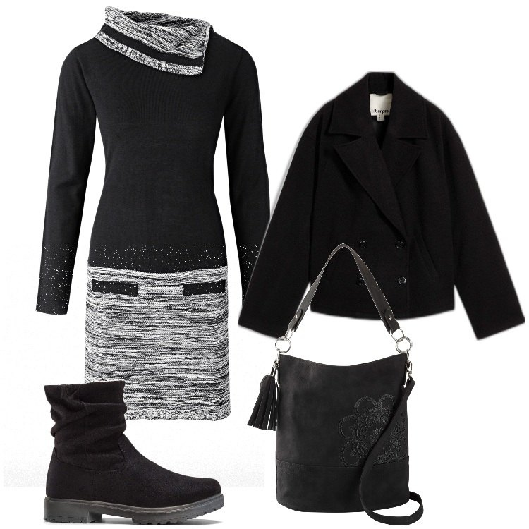 Outfit donna - Un bel vestito. Stile Casual chic per Tutti i giorni. Abbinamento con vestiti, borse a mano, stivaletti, caban.