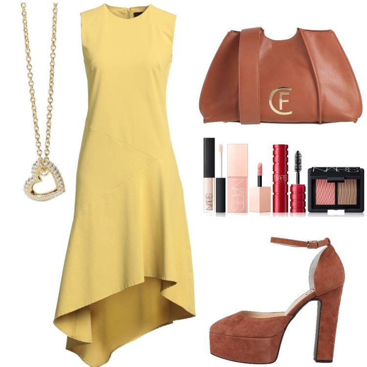 Outfit donna - Giallo senape. Stile Chic per Serata fuori. Abbinamento con décolleté, vestiti corti, borse a tracolla, terre, collane.