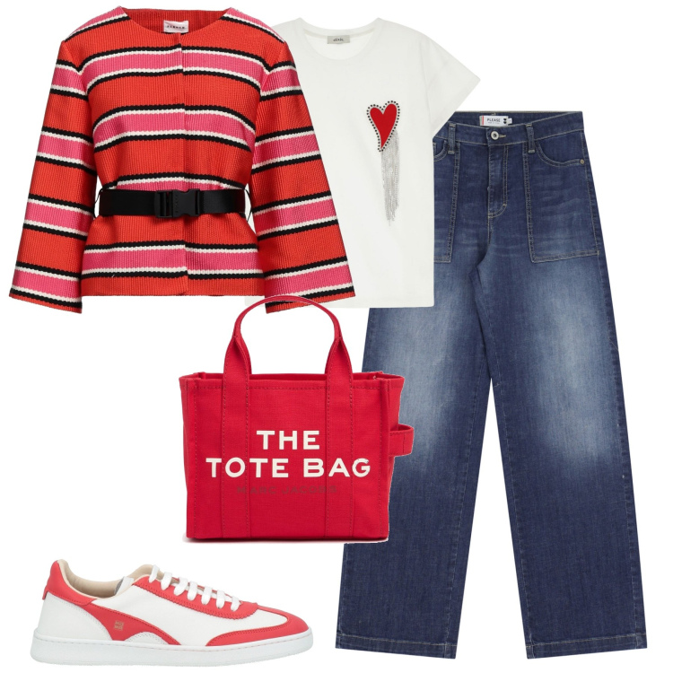 Outfit donna - City. Stile Casual chic per Tutti i giorni. Abbinamento con blazer, sneakers, jeans, t-shirt, shopping bag.