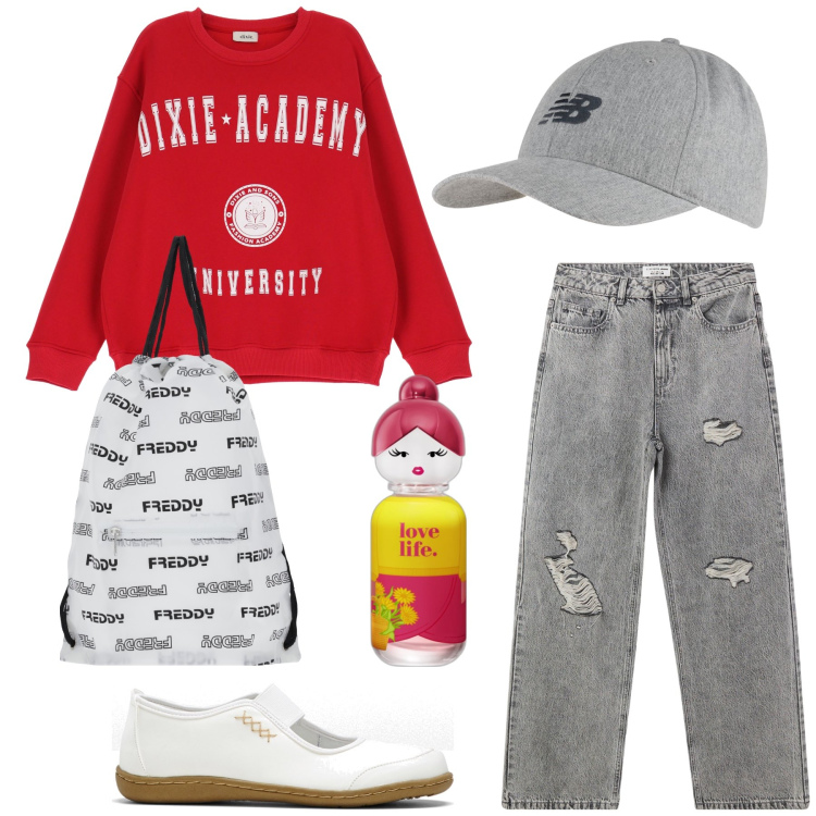 Outfit donna - Love life. Stile Preppy per Tutti i giorni. Abbinamento con ballerine, profumi, jeans strappati, cappelli con visiera, zaini, felpe.