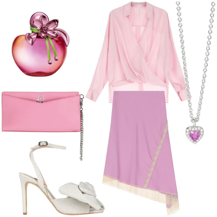 Outfit donna - Cena romantica. Stile Glamour per Serata fuori. Abbinamento con sandali col tacco, borse a mano, profumi, ciondoli, bluse, gonne longuette.