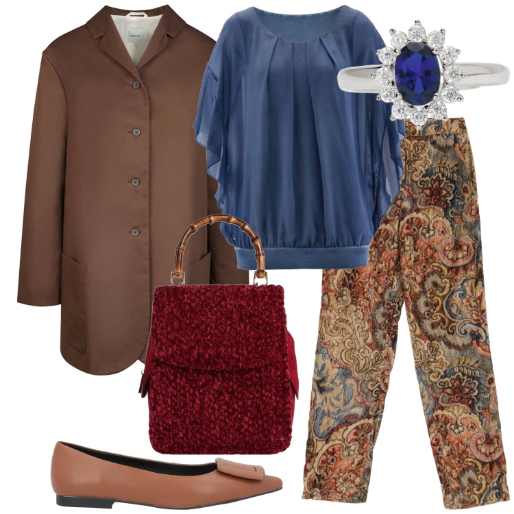 Outfit donna - Il mio zaffiro. Stile Urban per Ufficio. Abbinamento con bluse, borse a mano, ballerine, anelli, pantaloni, trench.