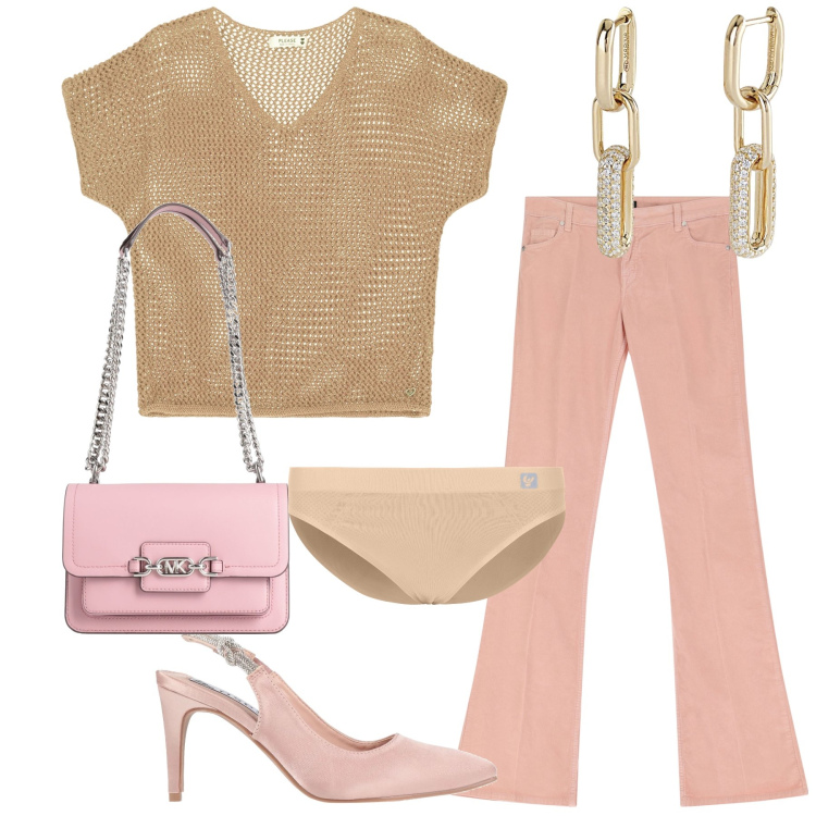 Outfit donna - Oro rosa. Stile Chic per Serata fuori. Abbinamento con décolleté, borse a spalla, orecchini, maglieria, culotte, jeans a zampa.