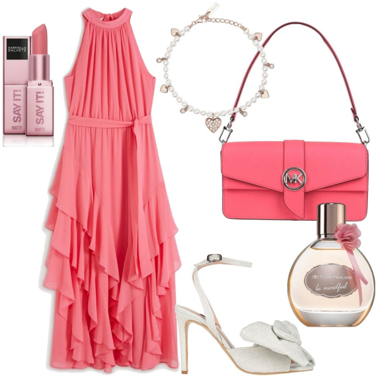 Outfit donna - La damigella della sposa. Stile Glamour per Cerimonia. Abbinamento con vestiti, sandali col tacco, borse a mano, profumi, rossetti, braccialetti.