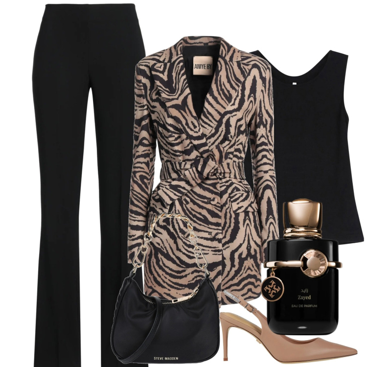 Outfit donna - Serata. Stile Chic per Serata fuori. Abbinamento con blazer, borse a mano, pantaloni, décolleté, profumi, canottiere.