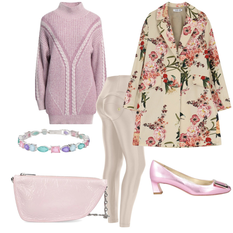 Outfit donna - Total look. Stile Romantica per Serata fuori. Abbinamento con maglieria, décolleté, braccialetti, trench, pantaloni skinny, borse a spalla.