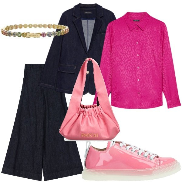 Outfit donna - A spasso per la città. Stile Trendy per Tutti i giorni. Abbinamento con sneakers, braccialetti, jeans, blazer, camicie, borse a spalla.