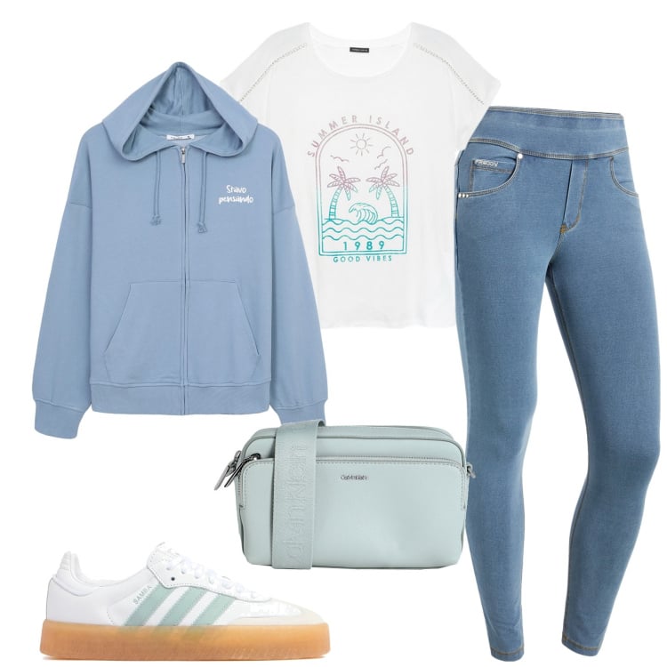 Outfit donna - Total look #2070909. Stile Casual per Tutti i giorni. Abbinamento con borse a tracolla, t-shirt, jeans skinny, felpe con cappuccio, sneakers.