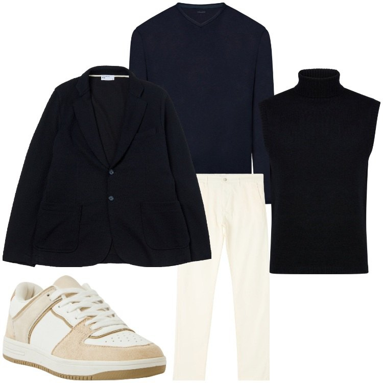 Outfit uomo - Ultimi giorni di inverno. Stile Casual per Tutti i giorni. Abbinamento con pantaloni chino, sneakers, giacche, gilet, t-shirt.