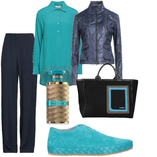 Outfit donna - A spasso per la città. Stile Casual chic per Tutti i giorni. Abbinamento con scarpe stringate, blazer, top, borse a mano, pantaloni, profumi.