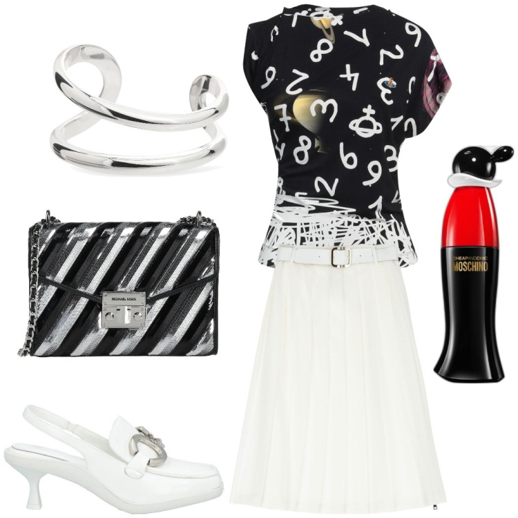 Outfit donna - Cerimonia o evento glamour. Stile Glamour per Serata fuori. Abbinamento con t-shirt, décolleté, borse a tracolla, profumi, gonne longuette, braccialetti.