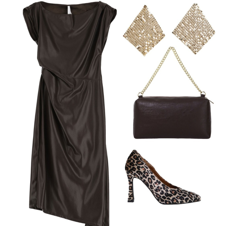 Outfit donna - Abito simil pelle moro. Stile Chic per Serata fuori. Abbinamento con orecchini, vestiti midi/longuette, décolleté, borse a tracolla.