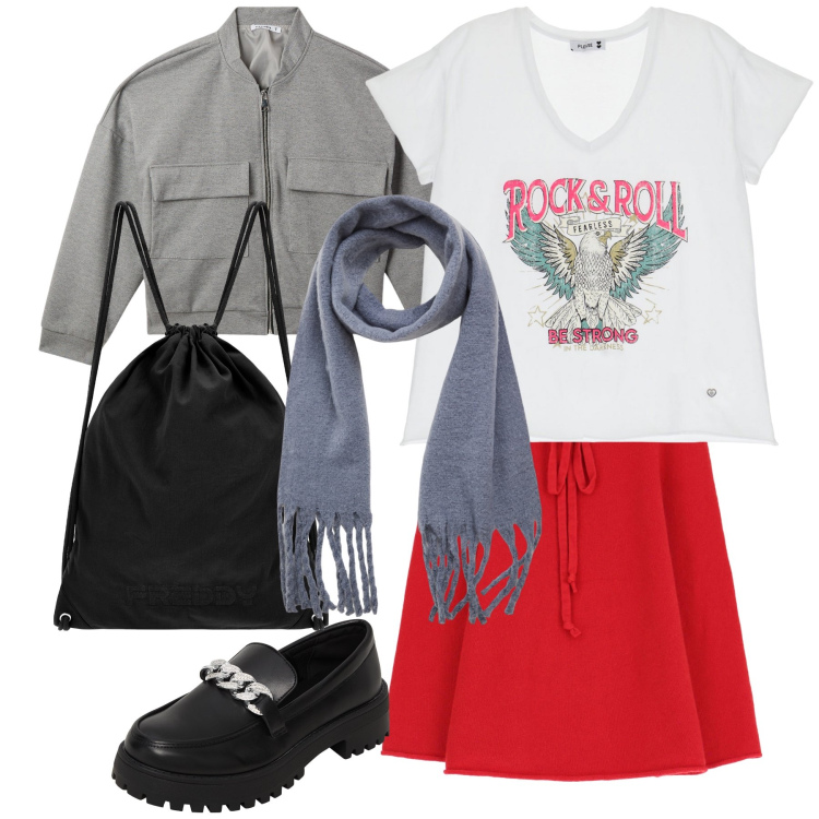 Outfit donna - Total look. Stile Casual per Tutti i giorni. Abbinamento con mocassini, bomber, sciarpe, t-shirt, minigonne, zaini.