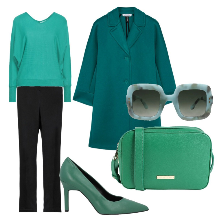Outfit donna - Tonalità di verde. Stile Bon Ton per Tutti i giorni. Abbinamento con pullovers, pantaloni, décolleté, borse a tracolla, occhiali da sole, cappotti.