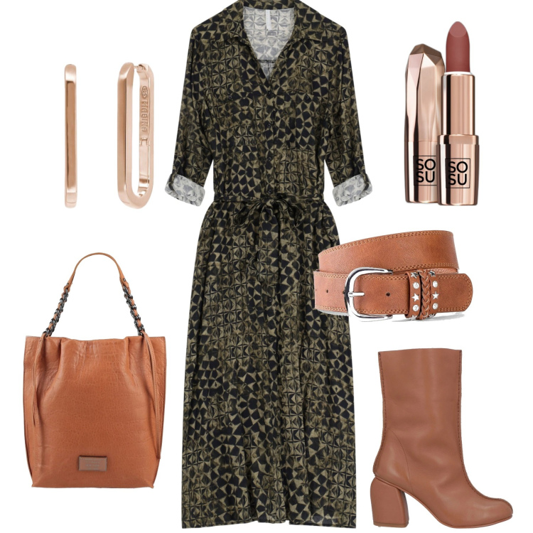 Outfit donna - Total look #2070963. Stile Basic per Tutti i giorni. Abbinamento con cinture, borse a mano, stivaletti, rossetti, orecchini, vestiti.